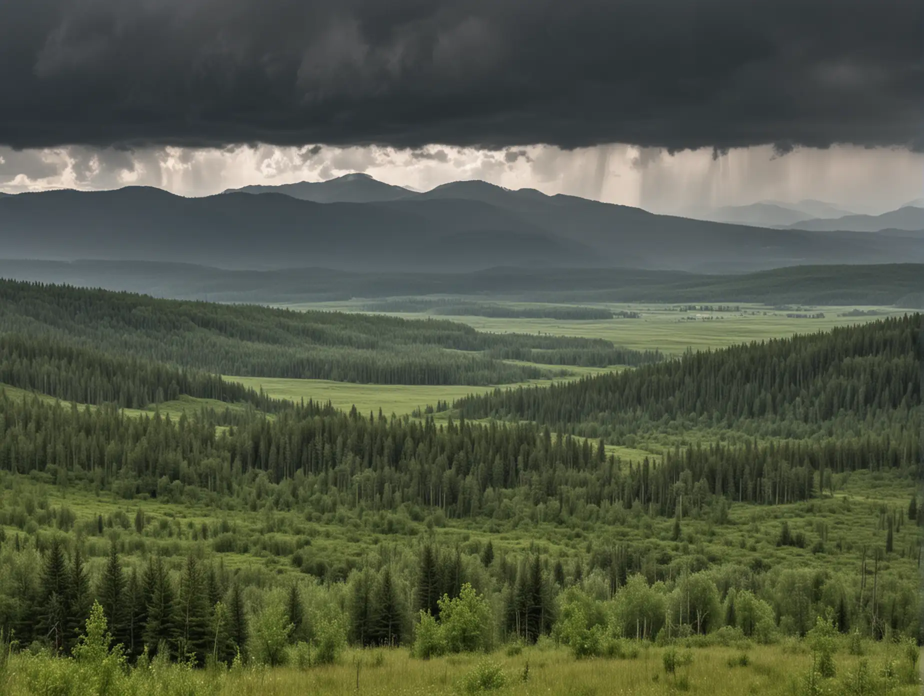 Anticipated weather in the mountains in the background, gloomy weather in forests and steppes in the foreground