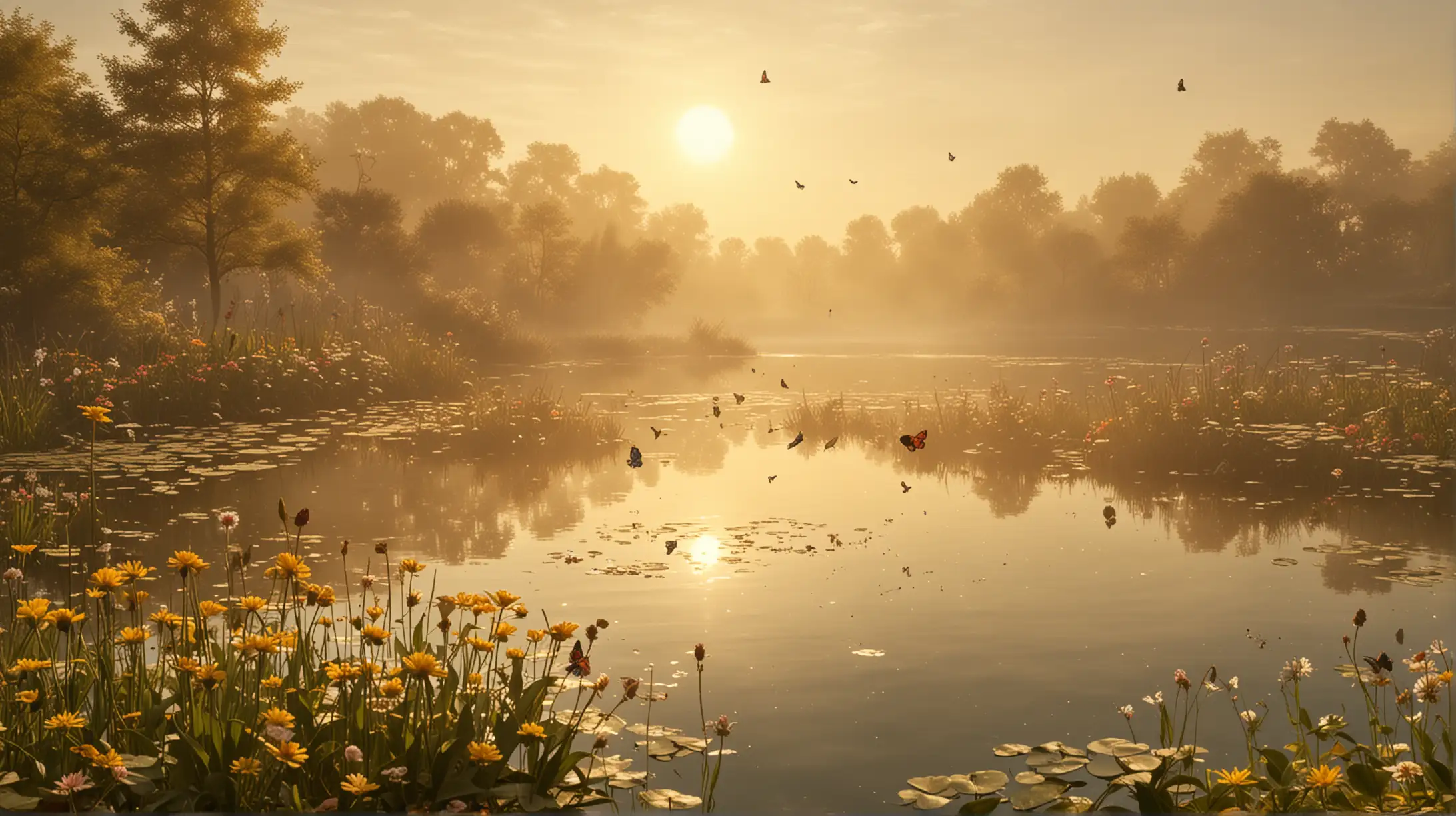 Tranquil Lake Scene with Flowers and Butterflies in Golden Hazy Sky