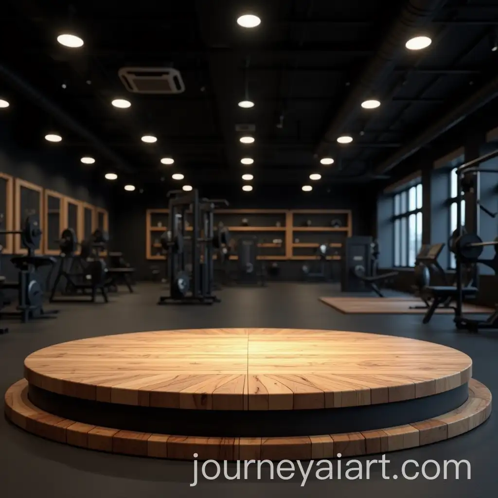 Modern-Bodybuilding-Gym-with-Circular-Wooden-Platform-and-Attractive-Lighting