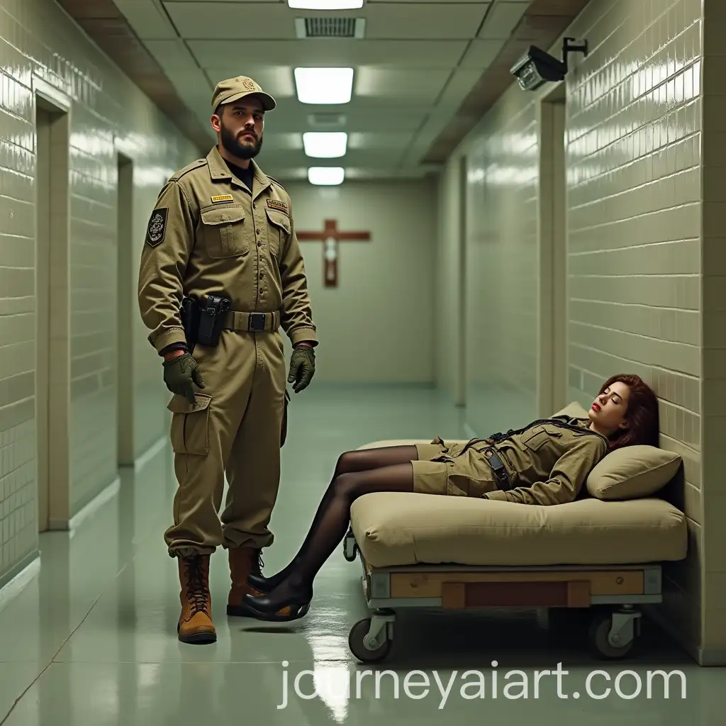 Athletic-Military-Security-Guard-and-Sleeping-Soldier-in-Underground-Bunker