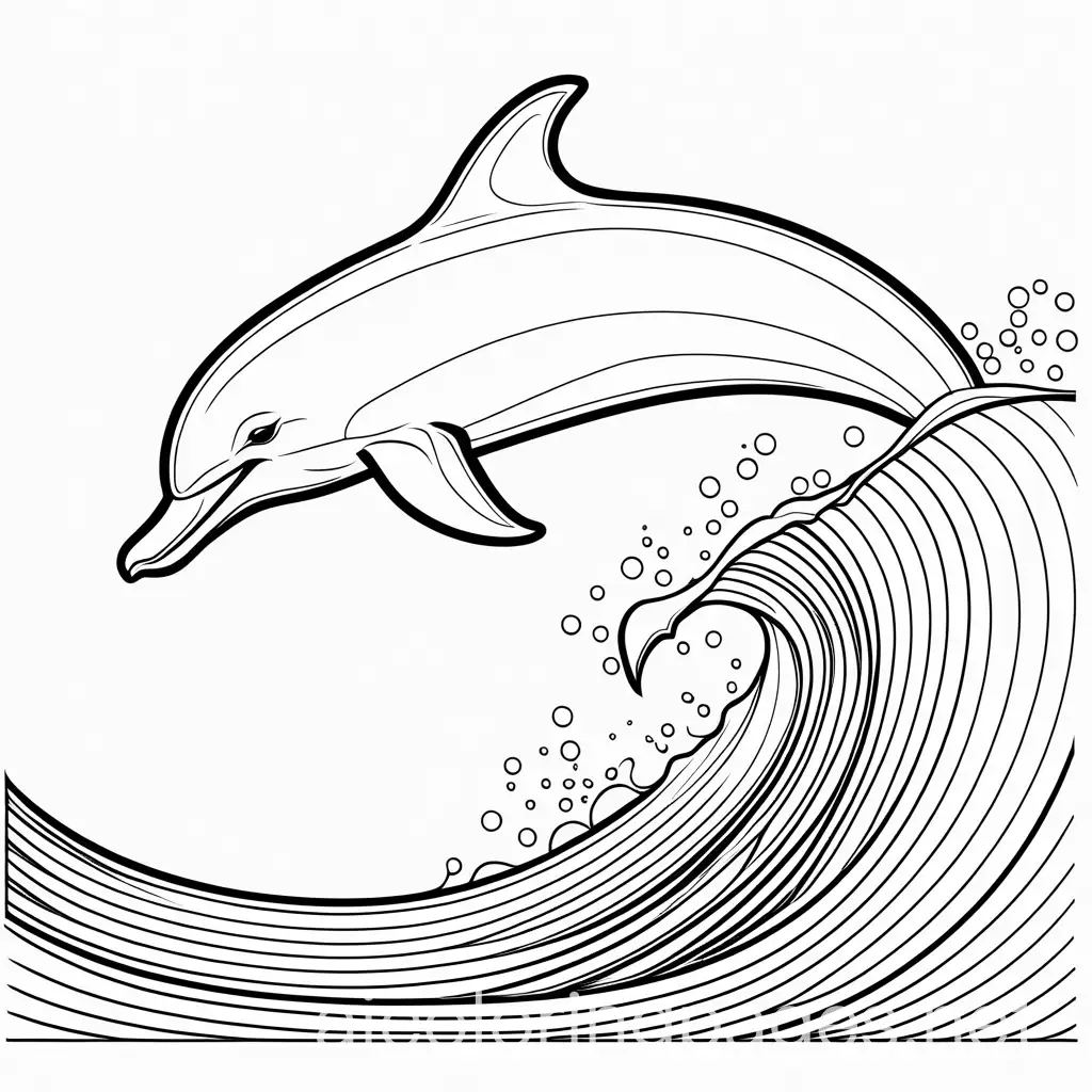 Dolphin jumping over waves, Coloring Page, black and white, line art, white background, Simplicity, Ample White Space. The background of the coloring page is plain white to make it easy for young children to color within the lines. The outlines of all the subjects are easy to distinguish, making it simple for kids to color without too much difficulty