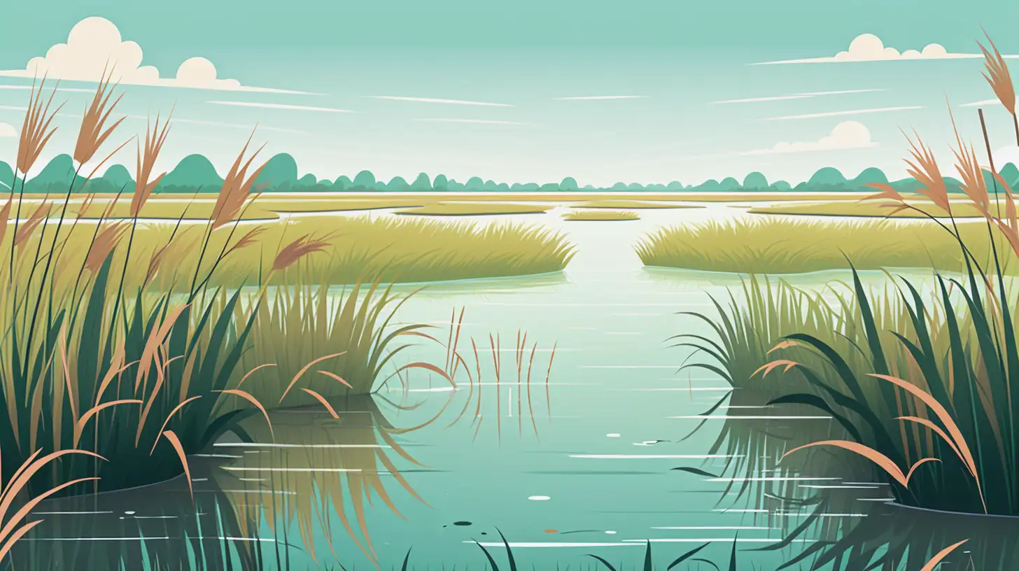 Kawaii Wetland Landscape with Shallow Water and Reed Grass