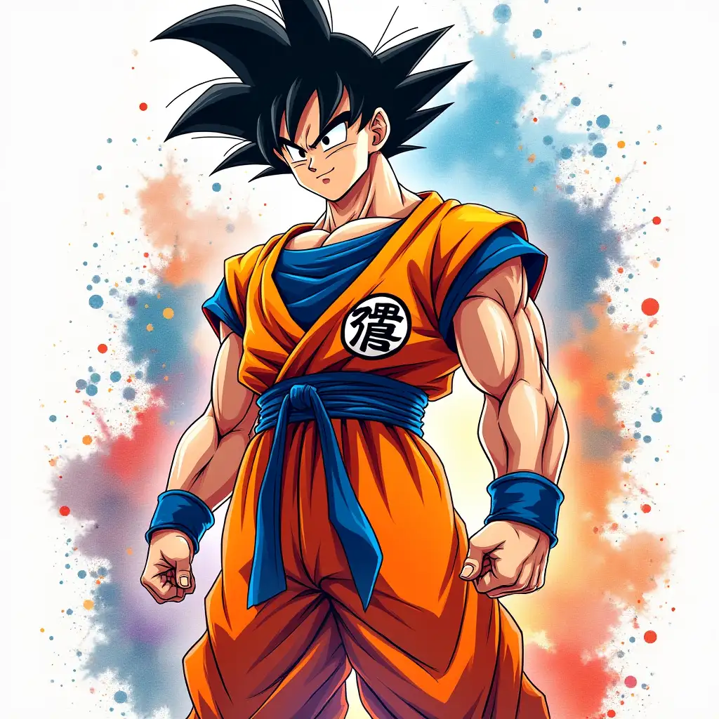 Goku-in-BattleReady-Pose-with-Energy-Crackling-in-Vibrant-Watercolor-and-InkSplatter-Style