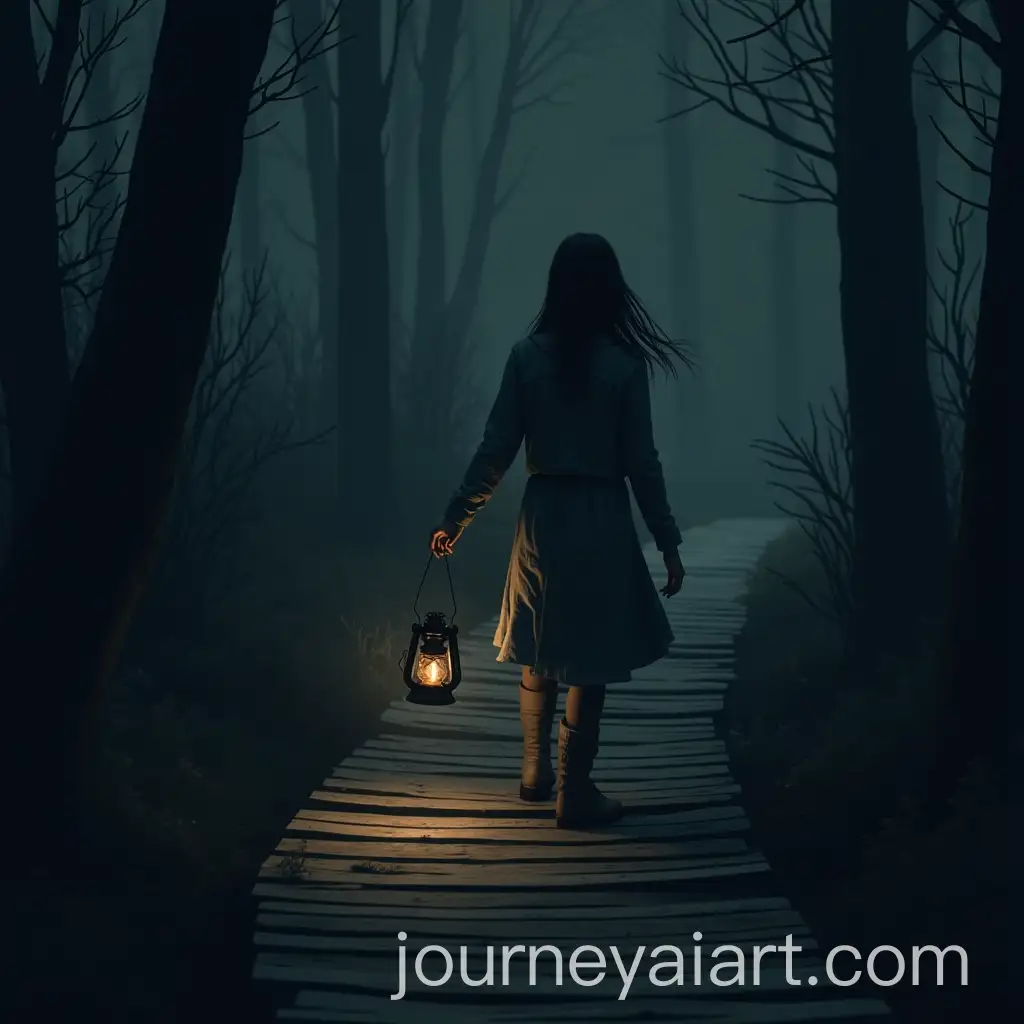 Woman-Walking-on-Rough-Wooden-Path-with-Flickering-Lantern-at-Night