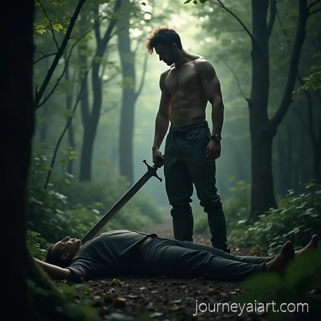 Strong-Man-Standing-Over-Fallen-Opponent-in-Lush-Forest-withAI-Art-Prompt-Expansion-Sword