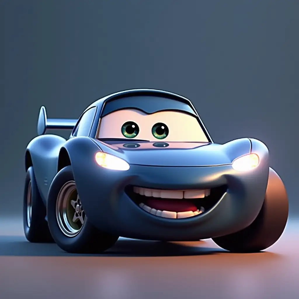 Matel Pixar animated racing car with big expressive eyes and an open shocked mouth. The car has a sleek design, with large front wheels, glowing headlights, and a shiny body