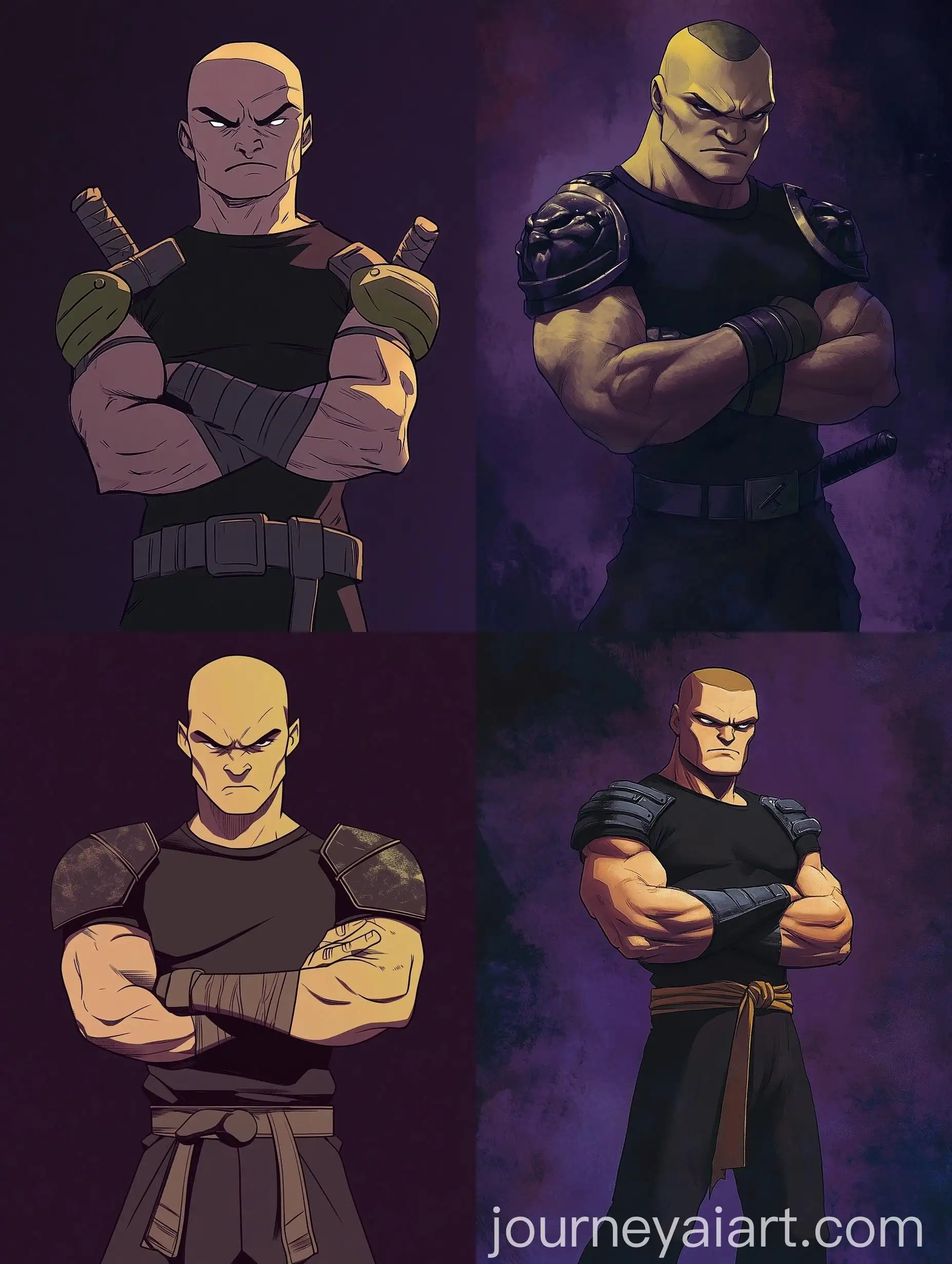 Bald-Teen-in-Iron-Shoulder-Guards-with-Crossed-Hands-on-Dark-Purple-Background