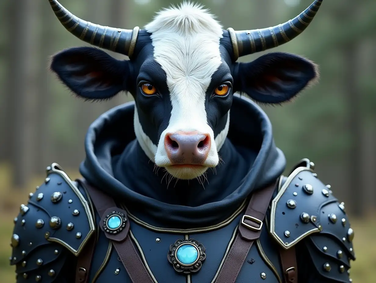 Ki-Fantasy Family,Man,Woman, and Children, giant AI Fantasy Family, Man, Woman, and Children, with ears and huge FRETCHE face with and black and white leather coat, cow pattern in 4kface with and with blue armor equipment