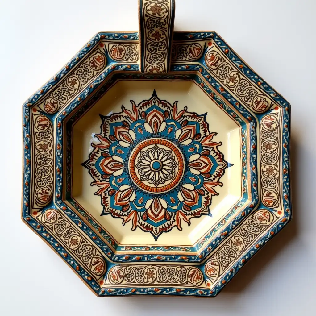 Hexagon with rounded corners ceramic serving dish withe embossed beautiful handle, Fine art, Hyper detailed, Antique and old, Qajar art, Iranian Tabriz carpet design