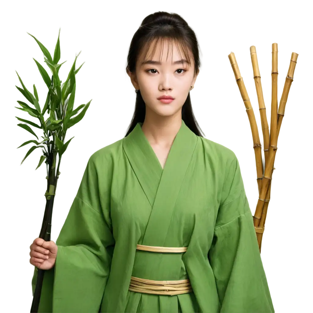 user_prompt: ancient clothing bamboo forest traditional hairstyle still life composition East Asian aesthetics cultural symbols