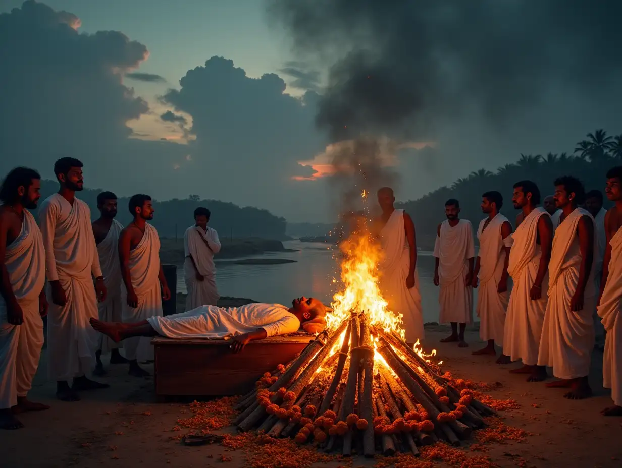 A dramatic and somber depiction of a Hindu man's funeral scene. The man lies peacefully on a traditional wooden funeral pyre adorned with marigold flowers and incense. The atmosphere is heavy with grief as mourners in white attire surround the pyre, their expressions filled with sorrow, tears streaming down their faces. In the background, the landscape shows the Ganges River under a twilight sky, with a mystical aura suggesting a curse—dark, ominous clouds swirling faintly above, creating an eerie yet sacred ambiance. The scene captures both heartbreak and a sense of divine intervention.