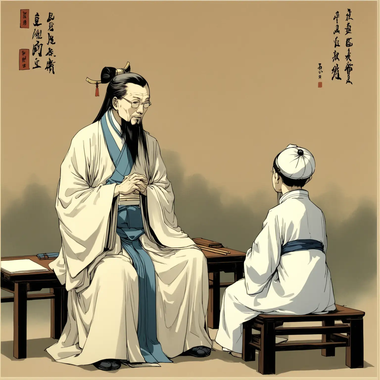 ancient era. daoist teacher sits with his back. his student sits opposite