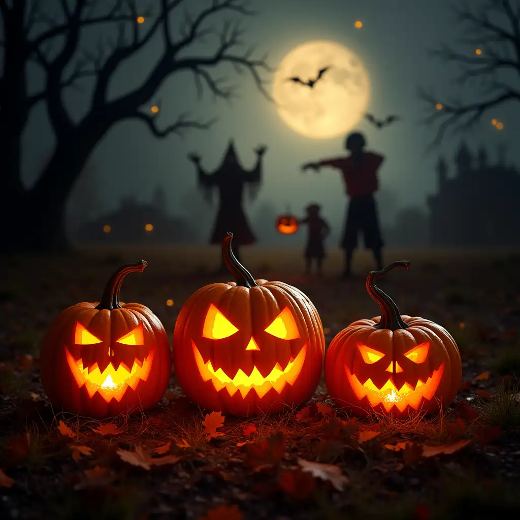 Halloween-Pumpkins-with-Glowing-Guts-Surrounded-by-Spooky-Characters