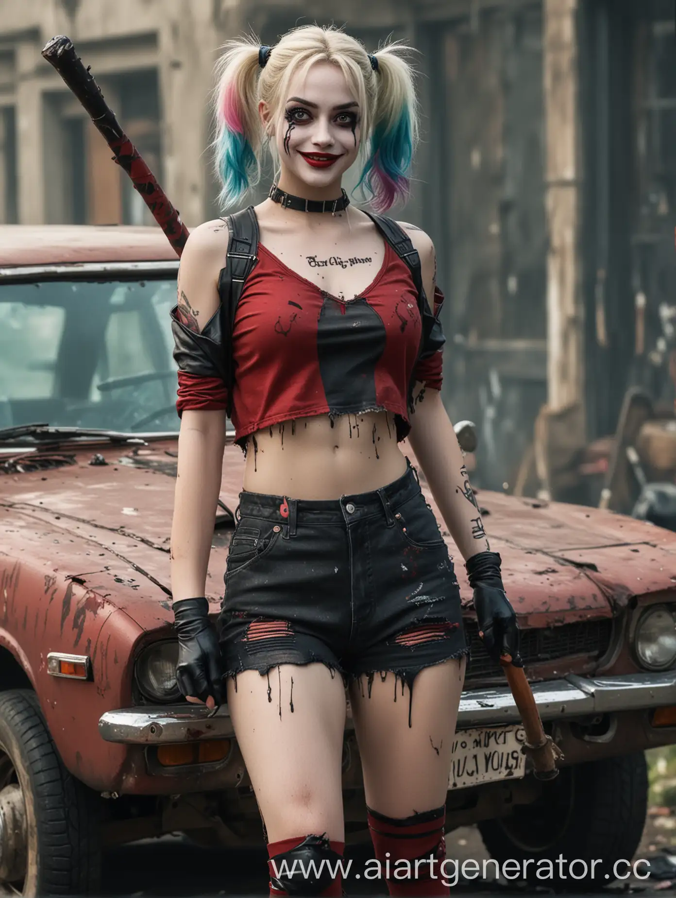 Harley-Quinn-Smiling-with-Bat-in-Hand-Leaning-on-a-Car-in-Shorts-and-Torn-Tights