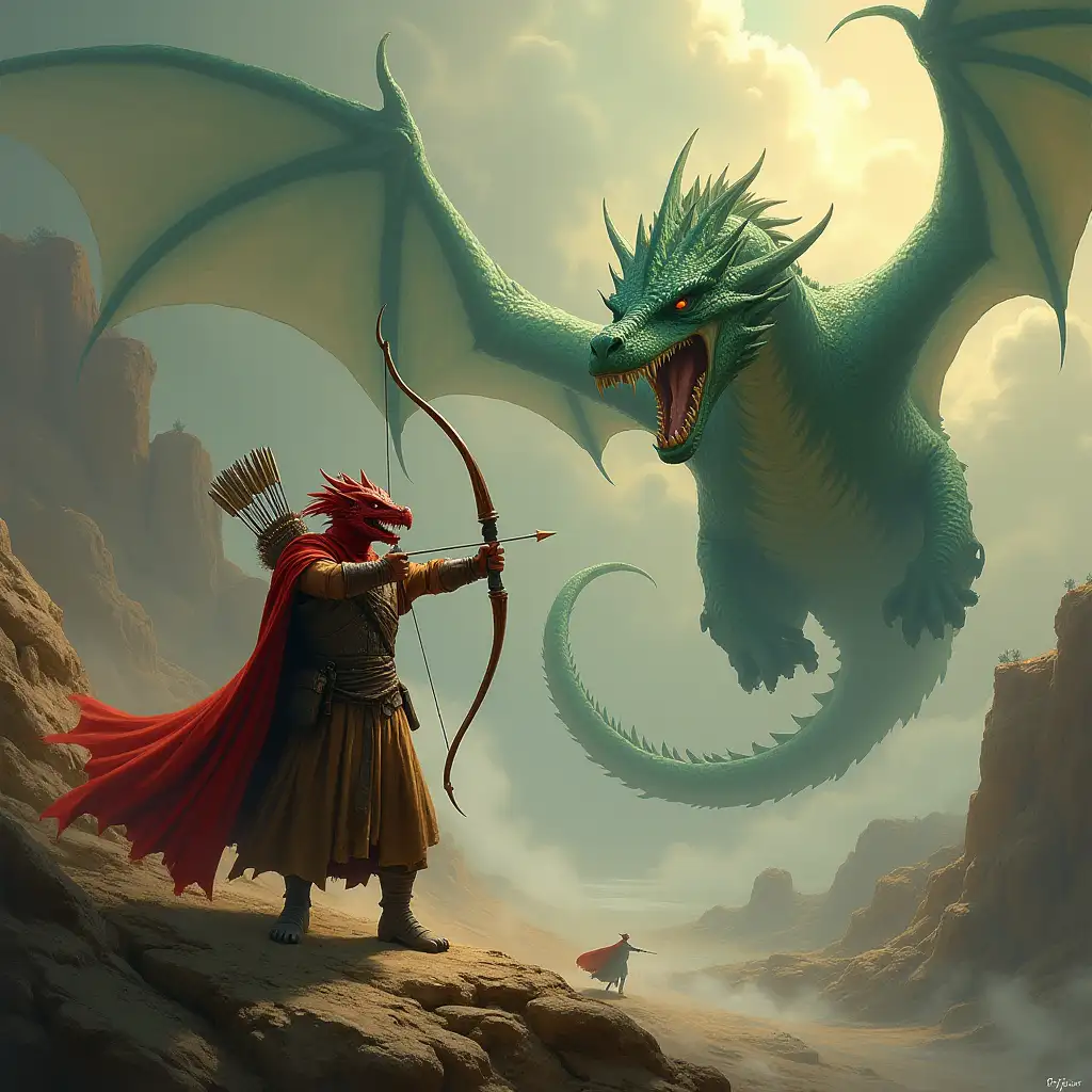 A dramatic painting, full scene view of a red half dragon man in a leather cloak with a longbow, fighting a 100ft tall green dragon in the distance, the man is shooting an arrow at the dragon in the distance