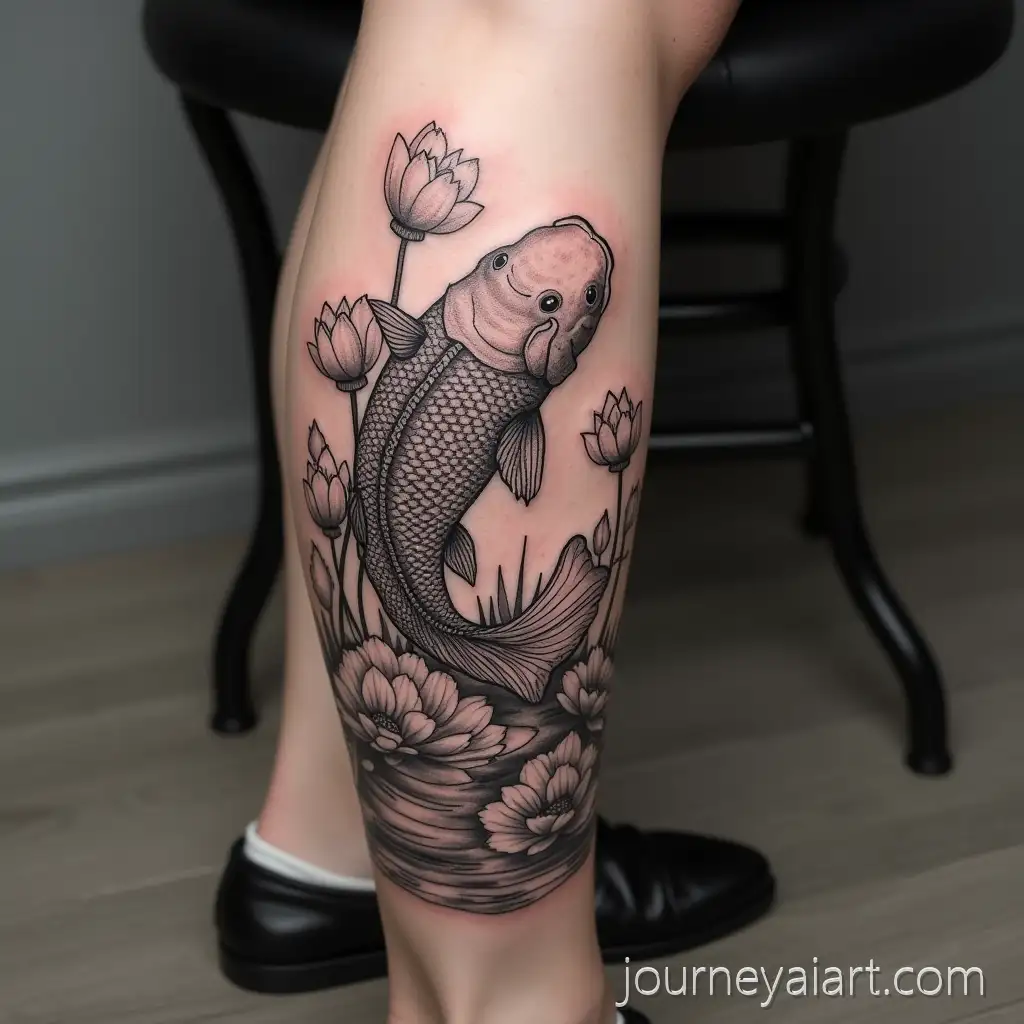 Black-and-White-Carp-Tattoo-onTattoo-carp-lotus-design-Calf-with-Lotuses-and-Water-Inspired-by-Feng-Shui