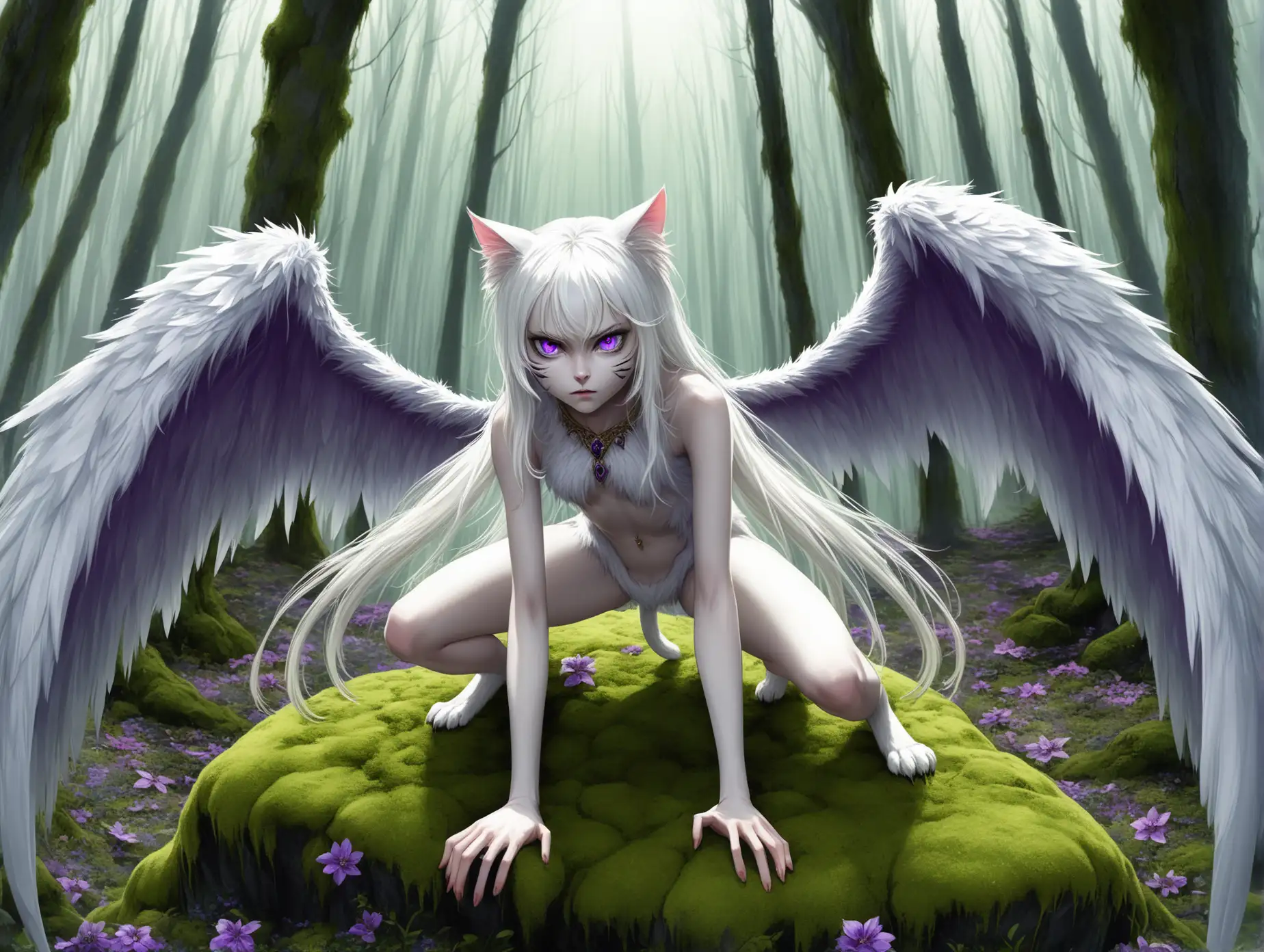 Wild-Woman-with-White-Wings-and-Cat-Ears-inAI-Image-Prompt-Expansion-a-Mossy-Forest