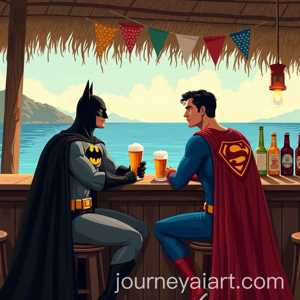 Batman-and-Superman-Drinking-Beer-in-a-Seaside-Bar-with-Paloma-Sign