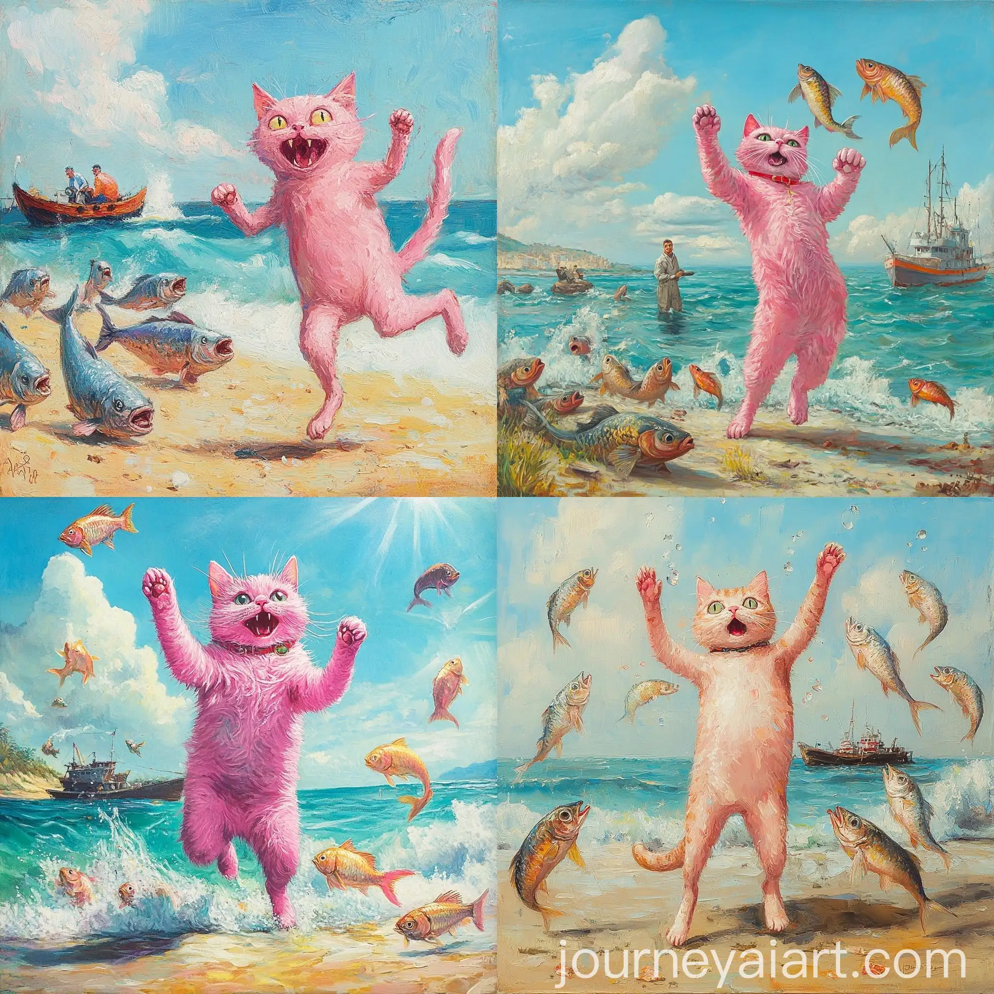 Sunny-Day-Cat-Dance-with-Fish-at-Seashore