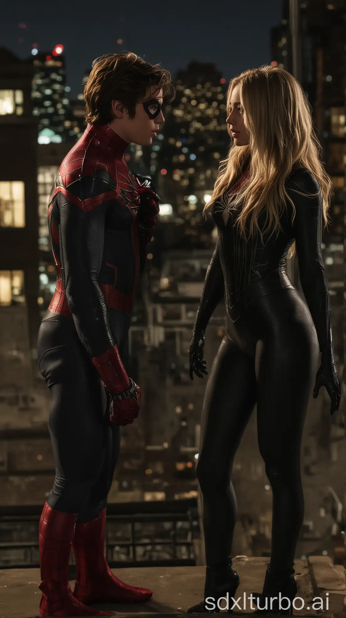 sydney sweeney as black cat and spider man togather , looking each other, in night,on building