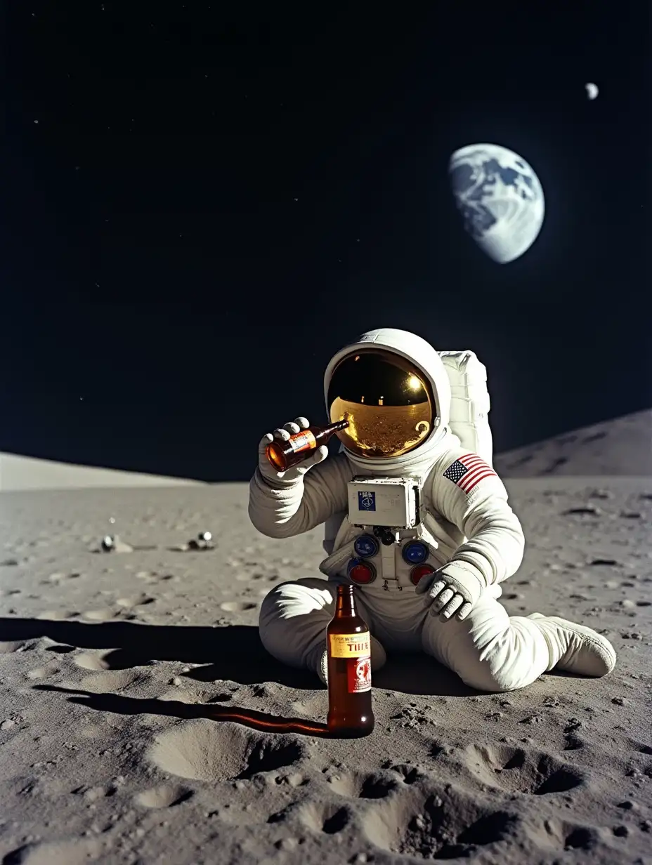 An astronaut sits on the bright side of the moon's surface and drinks beer from a bottle. Beer bottles are scattered around. The lunar landing module is visible nearby. The big Earth is visible in the background.