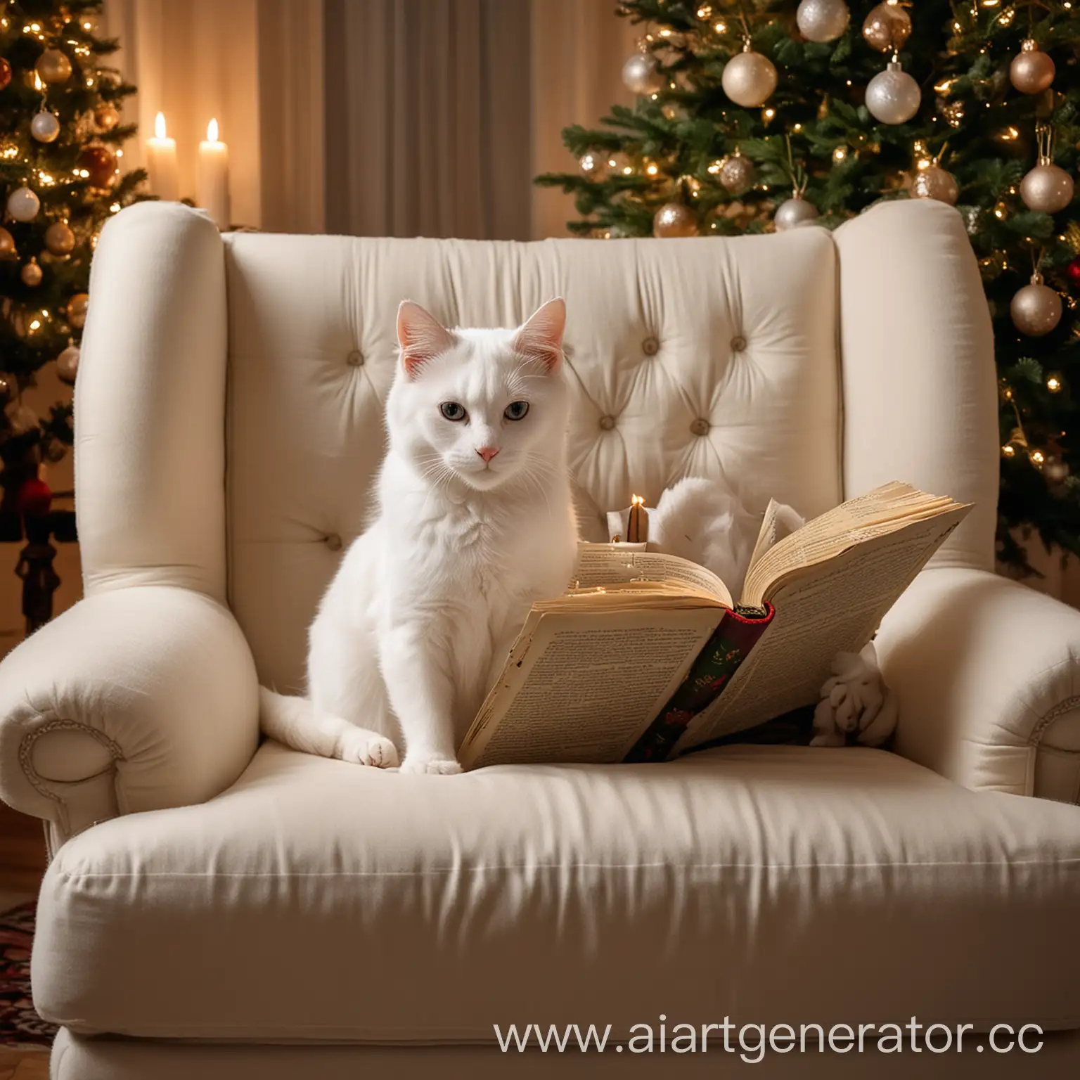 White-Cat-Reading-a-Book-by-a-Christmas-Tree-with-Flickering-Candle-Lights