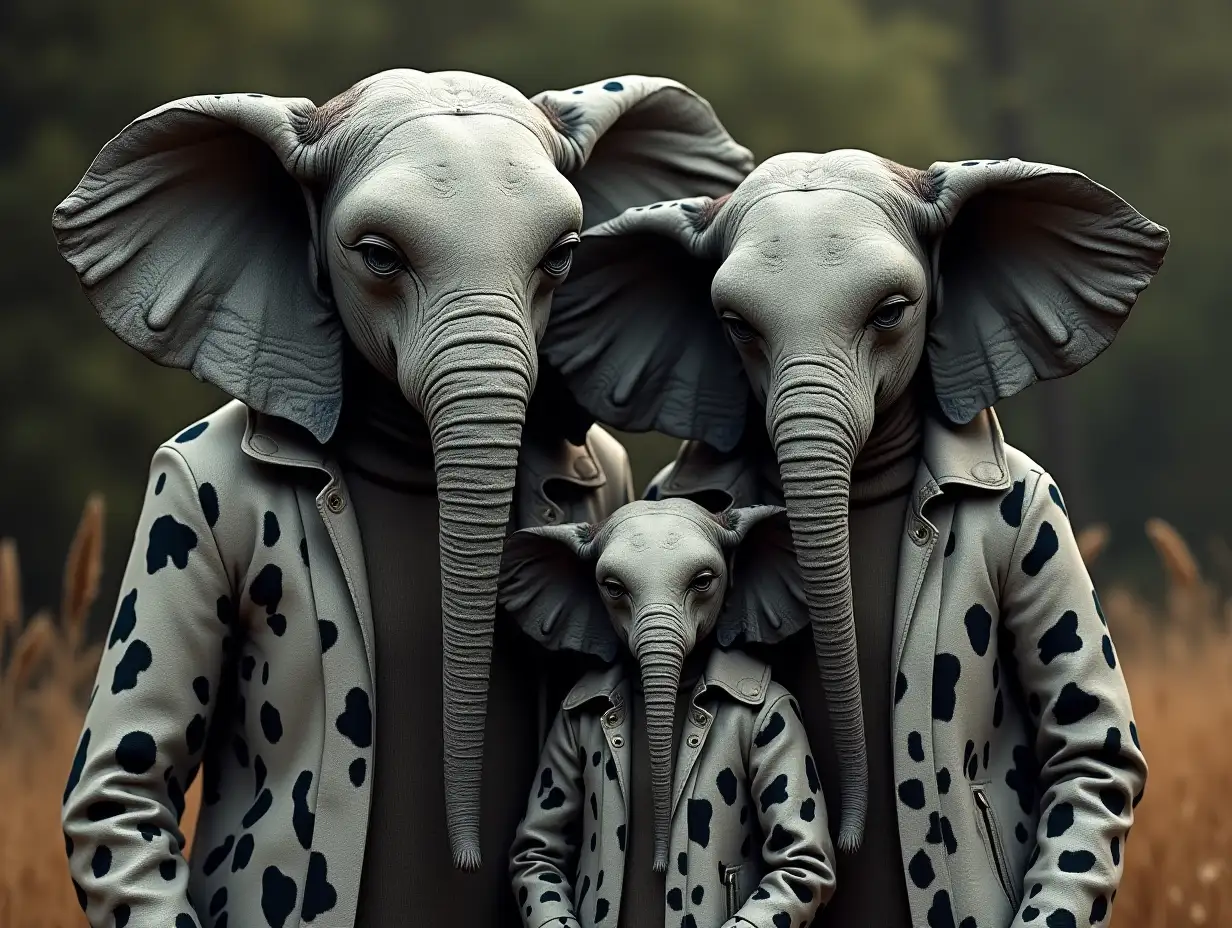 AI-fantasy family, man, woman, and children, with elephant ears and giant hummingbird faces with and black- and white leather coats, cow pattern in 4k