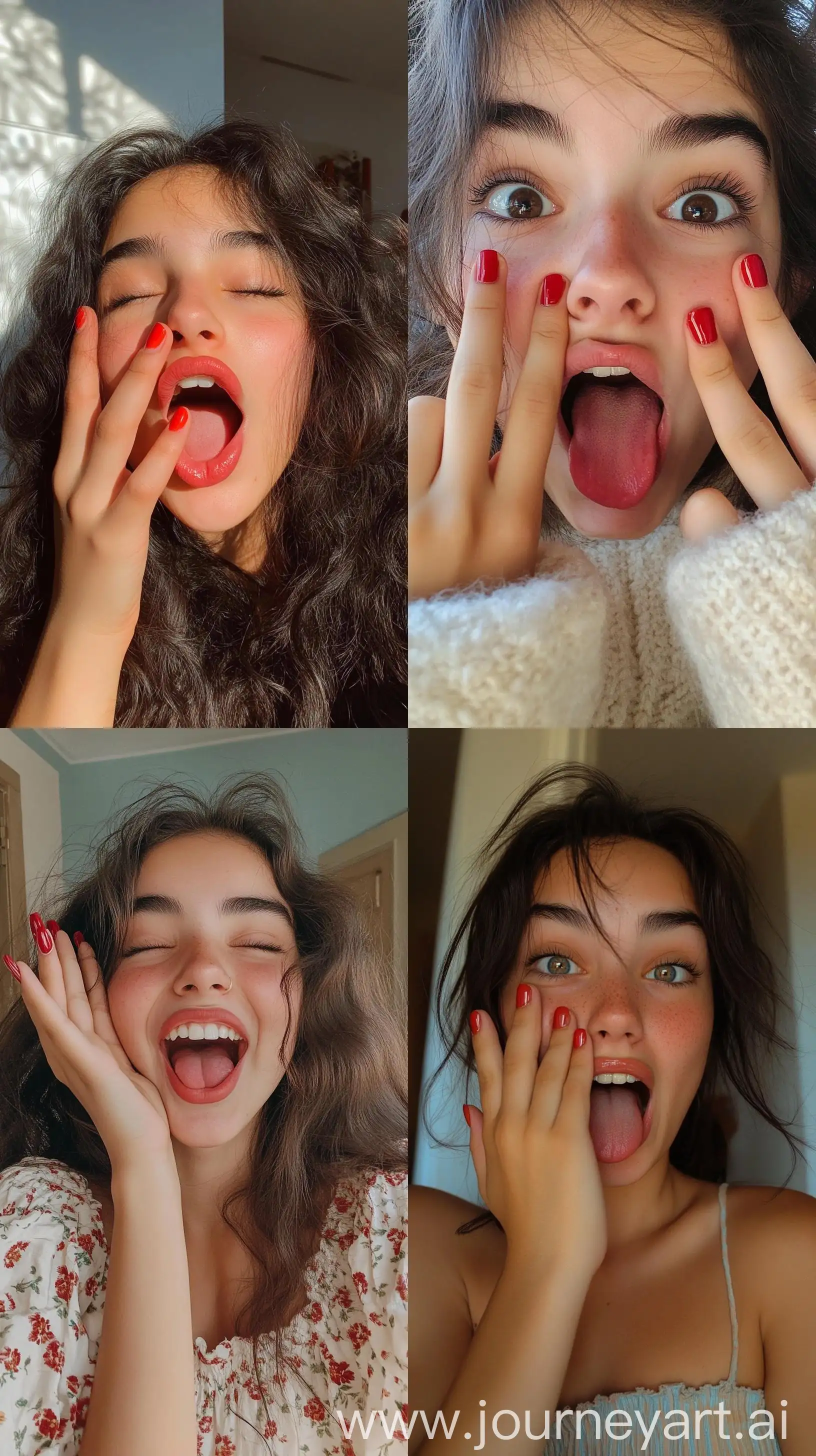 Spanish-Teenage-Girl-Instagram-Selfie-with-Silly-Face-and-Red-Gel-Nail-Polish