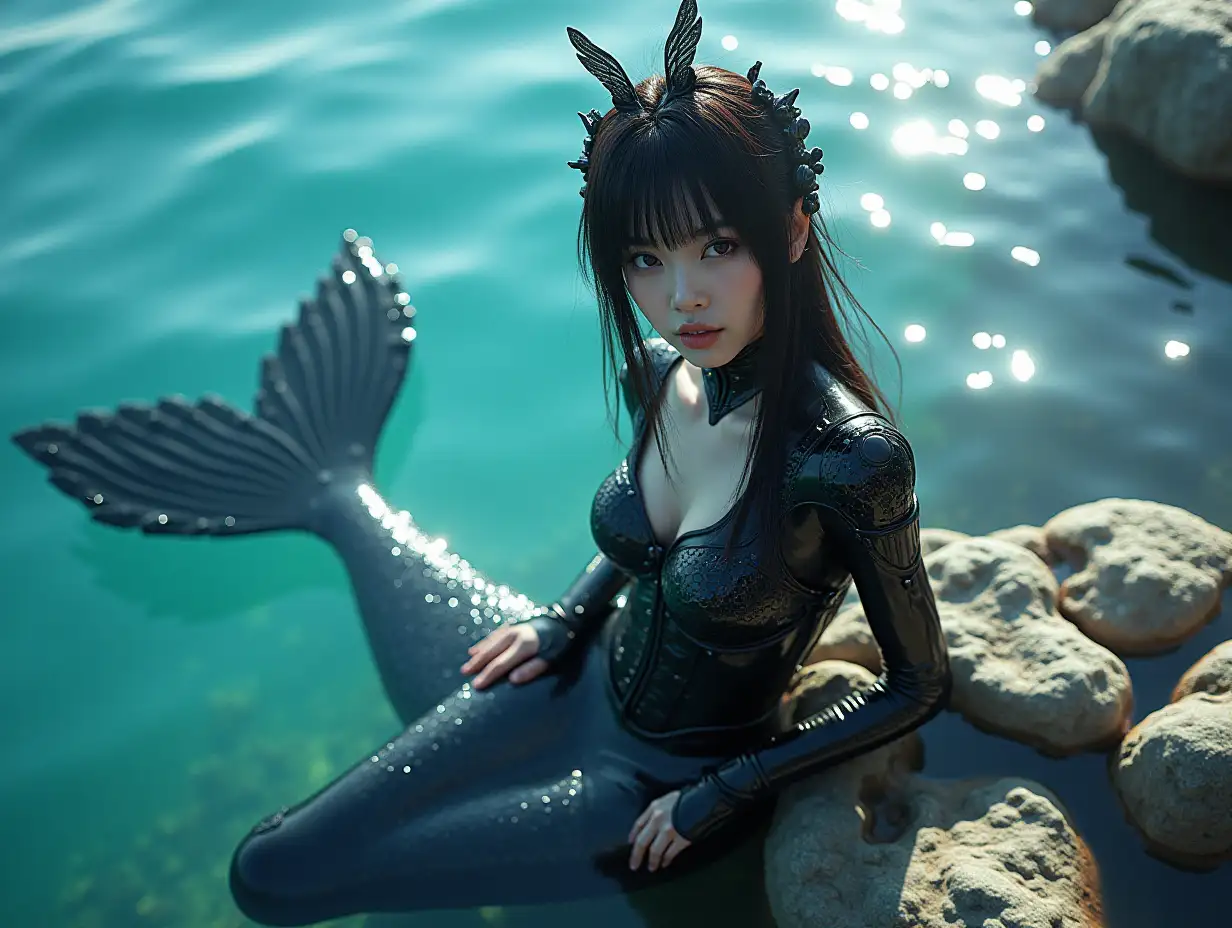 A Full frontal portrait fullbodyof hot and young beautiful cyberpunk style mechanical MERMAID body japanese girl with mechanical mermaid tail and body full of black mechanical brightscales,excellent cleavage with translucent l bar in the water A Full frontal portrait of hot and young beautiful mechanical MERMAID japanese girl with mechanical mermaid FIN and body full of black brightscales,excellent cleavage with translucent l bar in the water , fantasy creature made of neon rays, ultra detailed, fairy lighting, photorealistic, bright colors, volumetric rays of light sit on the rock with have big tail FIN , body full of mechanical fins under the sunshine