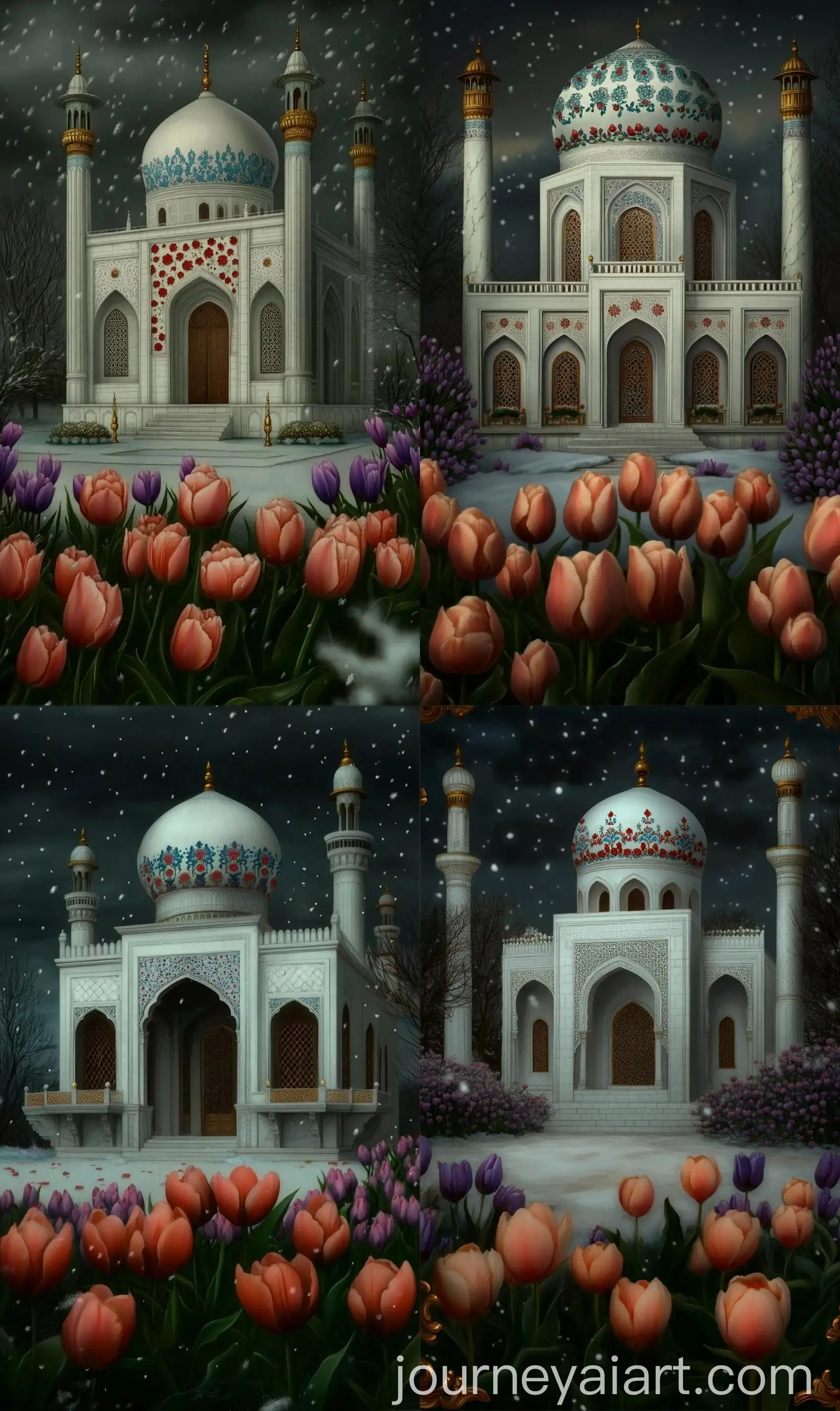 Watercolor-Art-Mughal-Mosque-of-Uzbekistan-with-Modern-White-Brick-Facade-and-Floral-Decorations