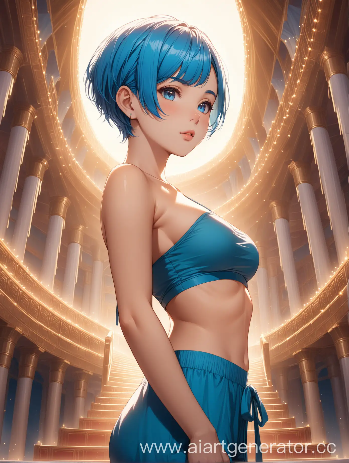 Epic-Scenery-with-Beautiful-BlueHaired-Woman-in-Tube-Top-and-Harem-Pants