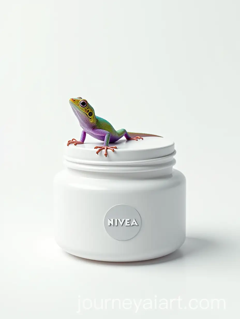 Colorful-Lizard-Climbing-on-Frosted-NIVEA-Cream-Jar-with-Soft-Daylight