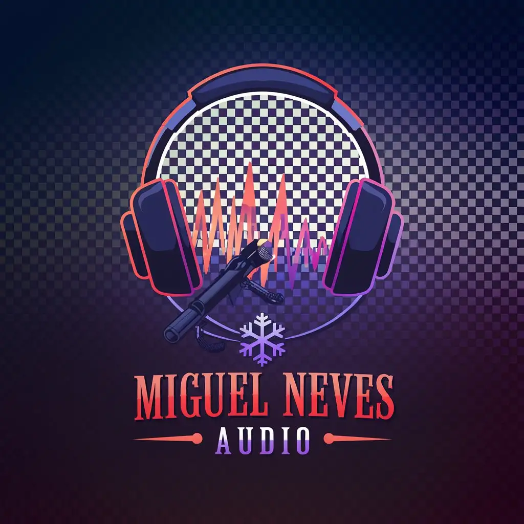 LOGO Design for Miguel Neves Audio Dark Blue Orange Purple with Sound Wave Shotgun Microphone and Headphones