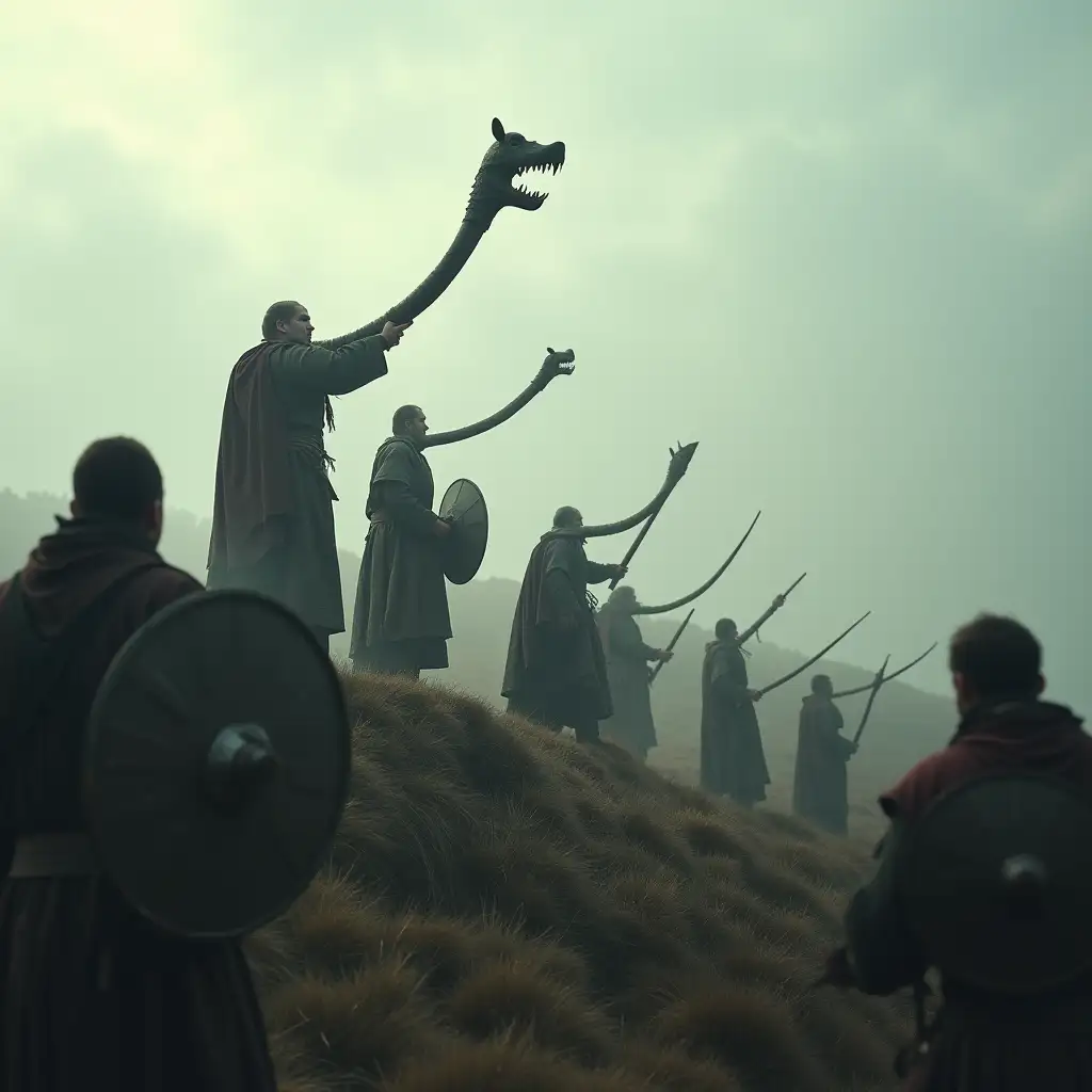 Ancient Celtic war horns being blown by warriors on a hilltop, with rhythmic shield-beating warriors below. Mist swirling around them. Dramatic composition, cinematic perspective, raw emotional power. The war horn is The Carnyx was a long, bronze war horn used by the ancient Celts between about 300 BC and 200 AD. It was often over 6 feet (2 metres) tall, and it had a distinctive animal-shaped head at the top — usually shaped like a boar, wolf, serpent, or dragon — with a gaping mouth.