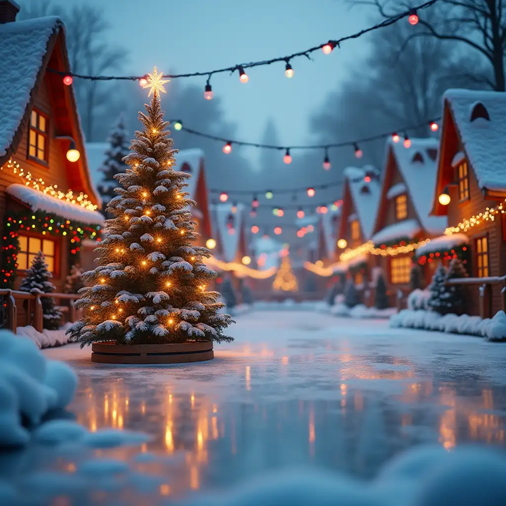 Ice rink with a Christmas tree in a fairy tale village with multicolored garlands, surrounded by a decorated fence, blurred background