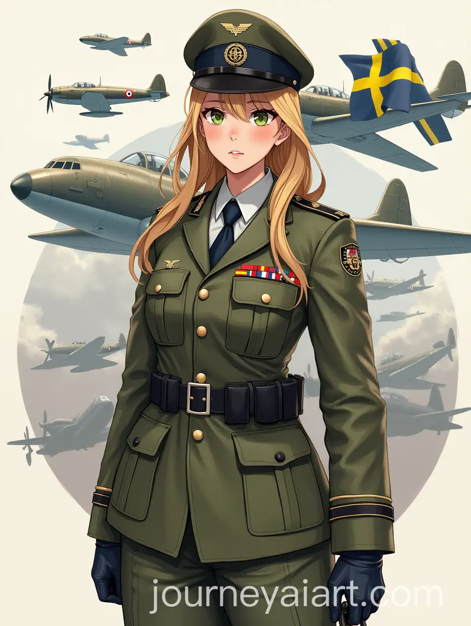 SwAI-Image-Prompt-Expansionedish-Girls-in-Military-Uniform-with-Norwegian-Flag-and-Large-Weapon-and-Airplane-Mural