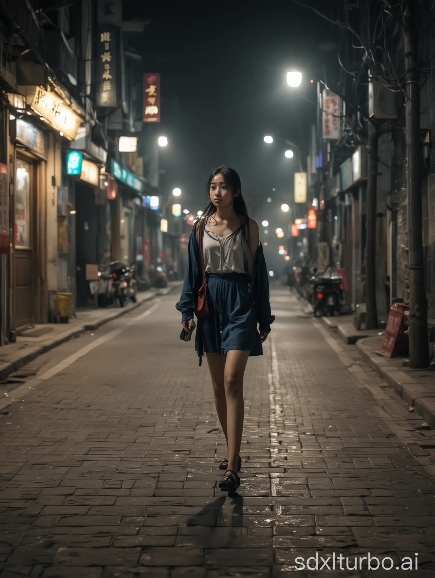 A Chinese girl is walking alone in a lonely and sad way on the city street at night