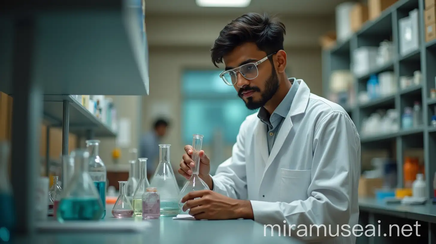 Young Indian Chemist in Action Captivating Lab Experiment