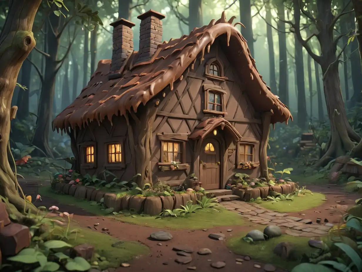 Wide-angle illustration of a chocolate cottage in the middle of a mysterious forest, 3d disney inspire