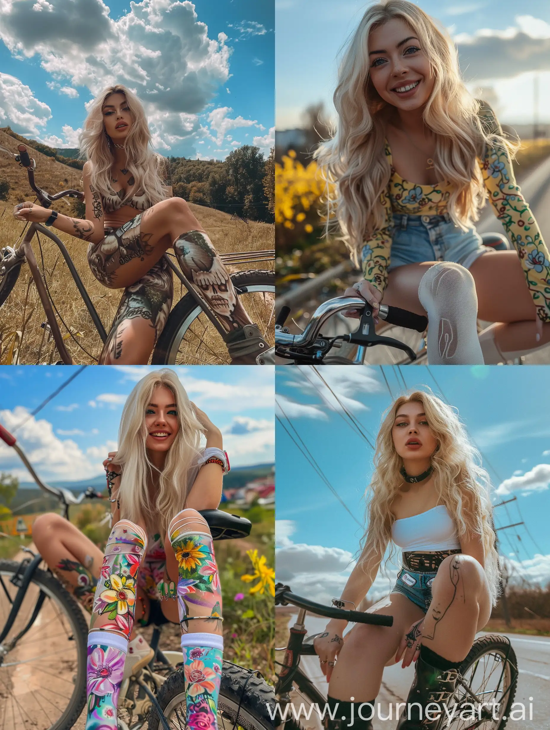 Ukrainian-Blond-Hair-Girl-in-Body-Painting-Selfie-on-Bicycle