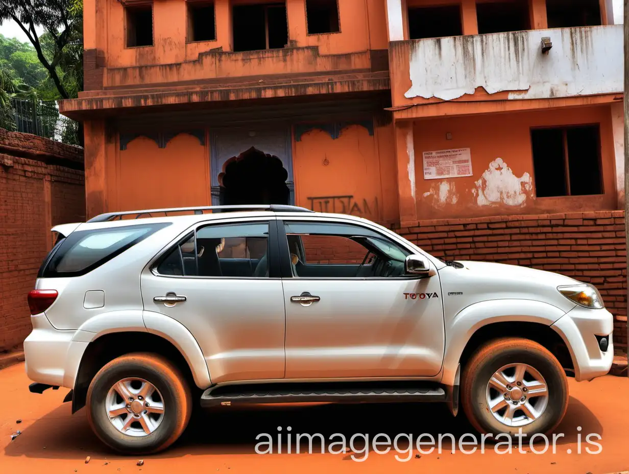 White-Toyota-Fortuner-Car-in-Front-of-Old-Broken-Orange-Hindu-Ashram