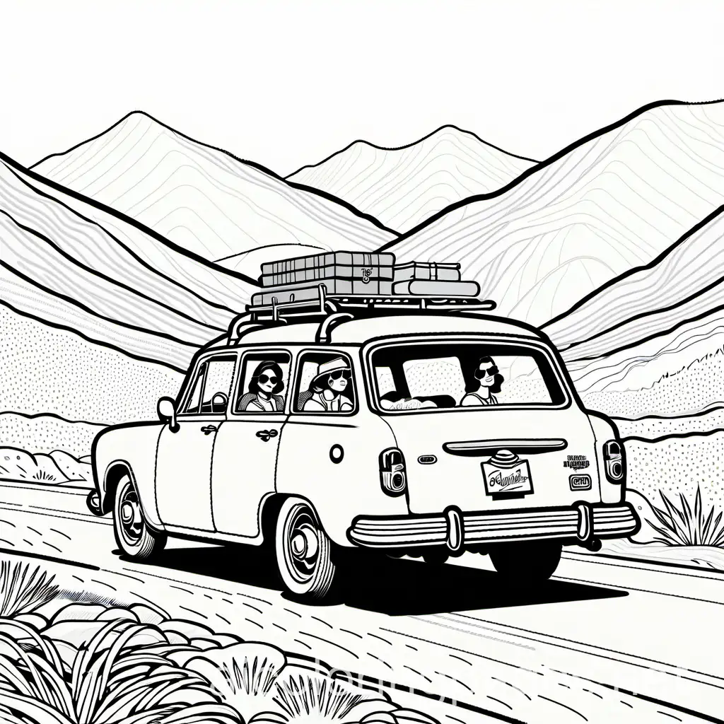 3 friends having a roadtrip, Coloring Page, black and white, line art, white background, Simplicity, Ample White Space