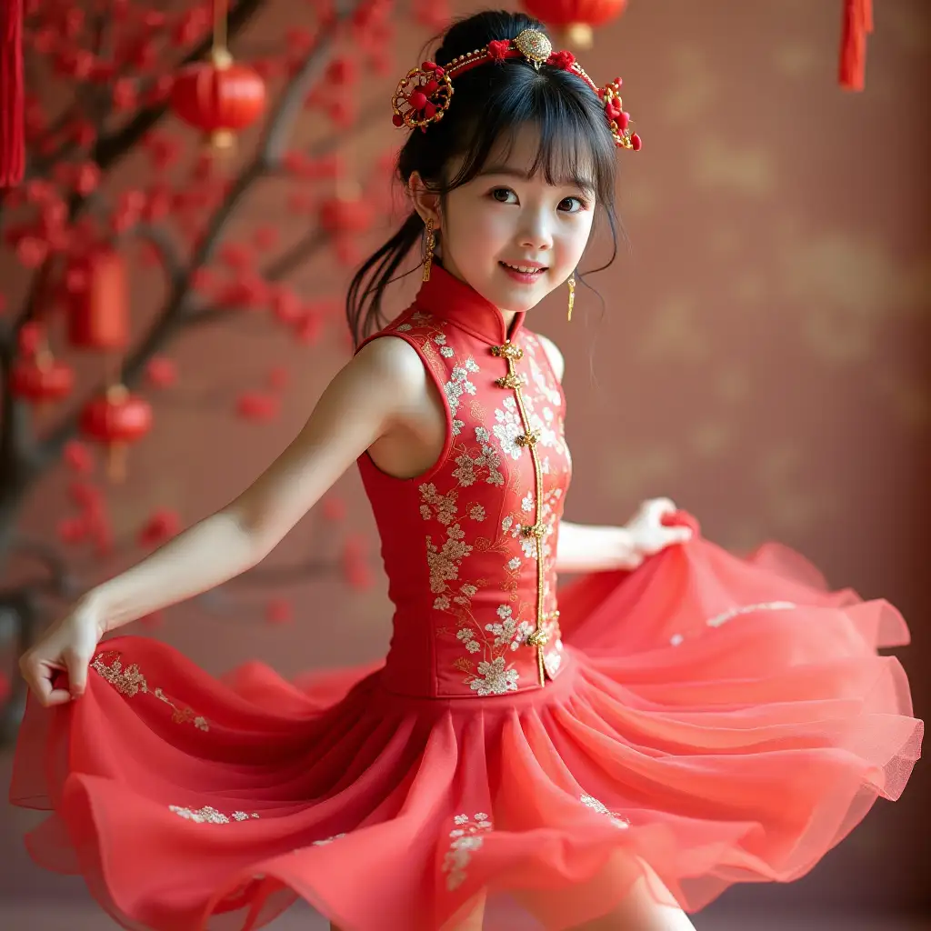 A photograph captures a mesmerizing cute Chinese girl. She is wearing a chic qipao and is posing for a playful photo shoot. As she dances and spins, the skirt flares out beautifully. Her hairstyle features see-through bangs with face-framing, complemented by a stunning hairpin, headpieces, and earrings. With a flirty gaze toward the camera, she displays a pose in vibrant, lifelike detail. The exquisite lighting enhances the overall effect of the image.