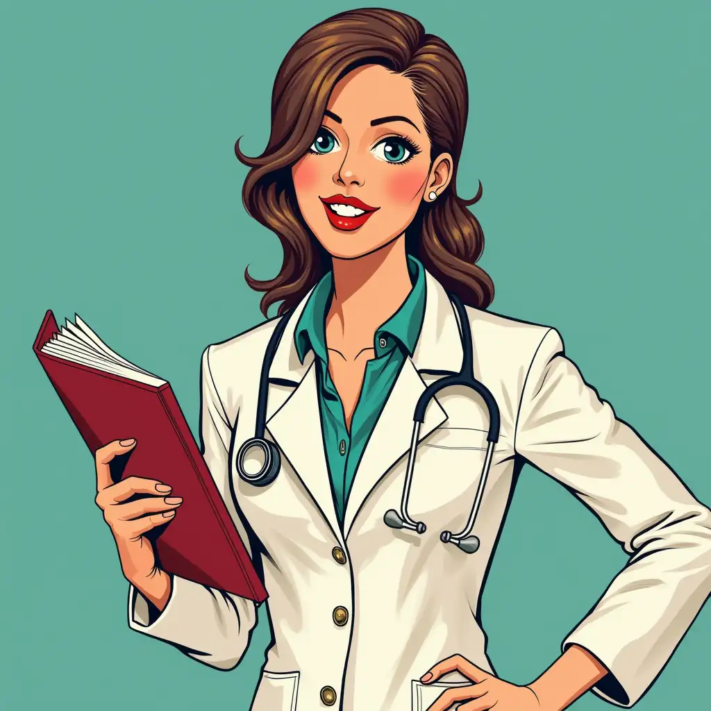 A female doctor with a book in pop art style