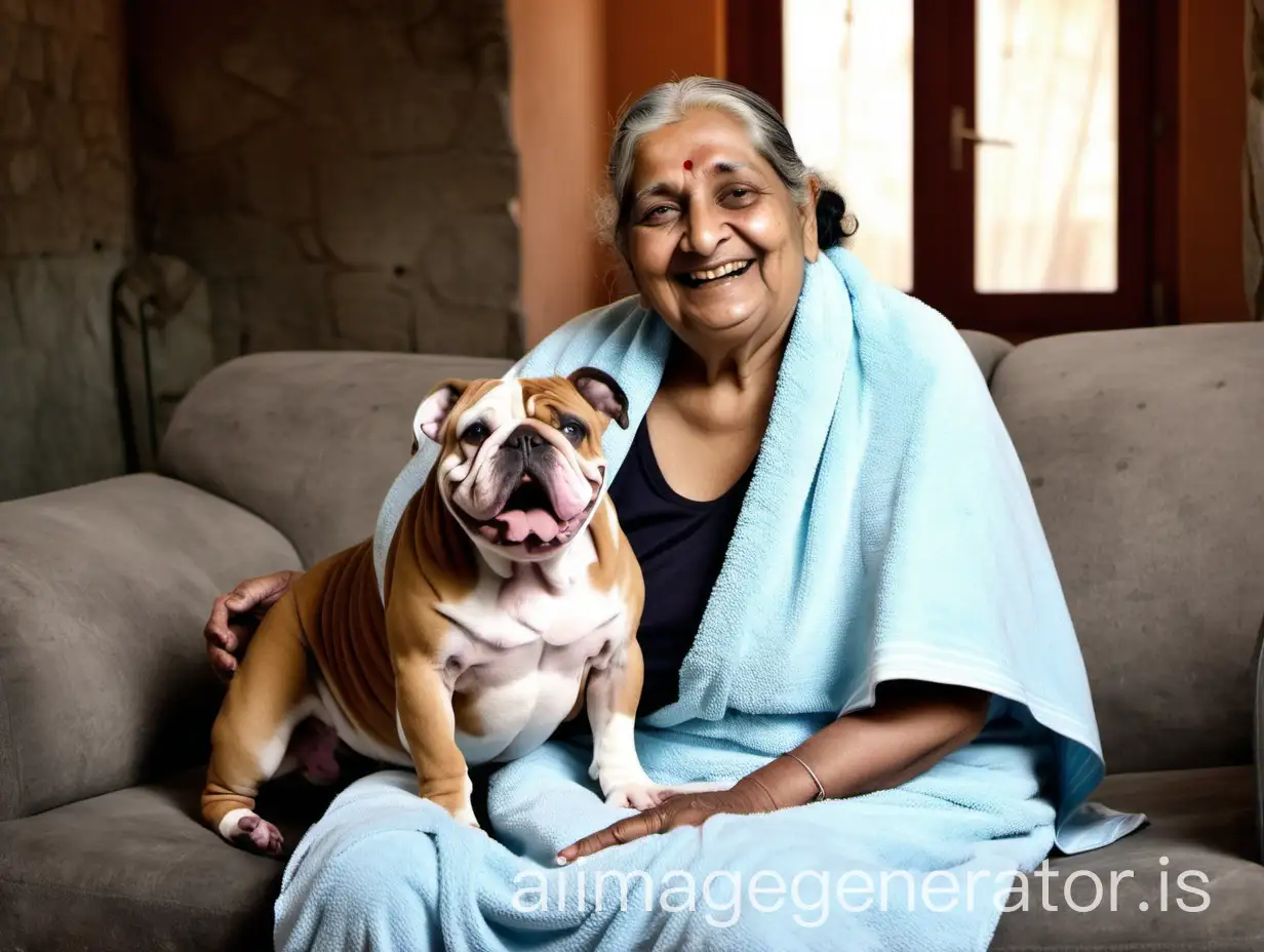 Happy-85YearOld-Indian-Woman-with-Bulldog-in-Stone-Building