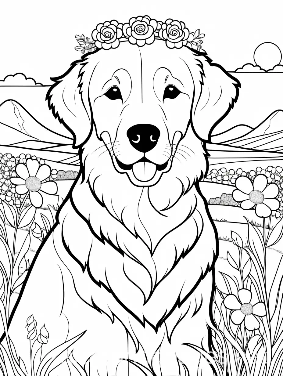 golden retriever in a flower field with a flower crown, Coloring Page, black and white, line art, white background, Simplicity, Ample White Space. The background of the coloring page is plain white to make it easy for young children to color within the lines. The outlines of all the subjects are easy to distinguish, making it simple for kids to color without too much difficulty