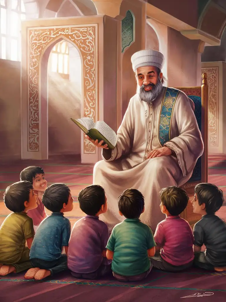 Sheikh Teaching Children in Mosque with Book