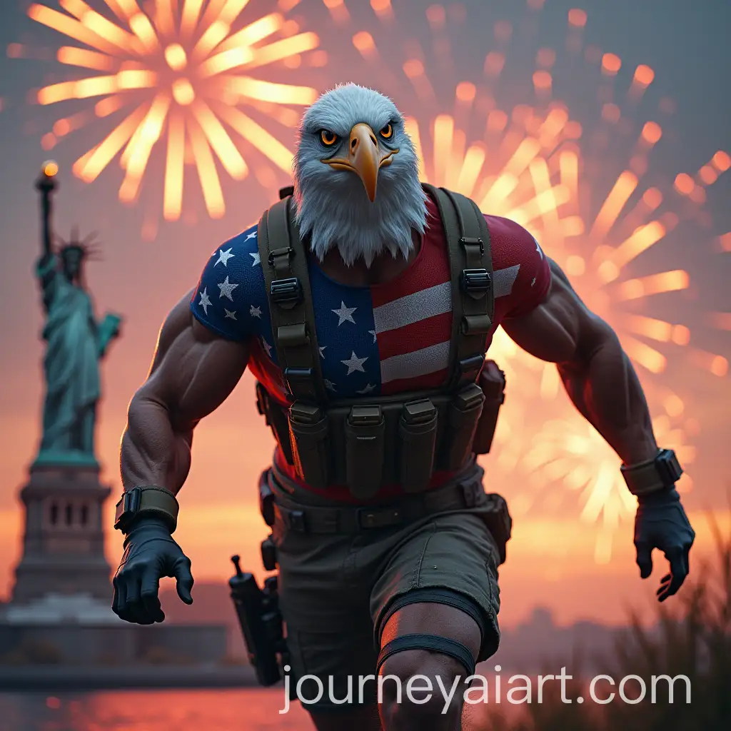 Muscular-Humanoid-Eagle-in-Patriotic-Military-Gear-Running-Toward-the-Camera-with-Fireworks-Over-the-Statue-of-Liberty
