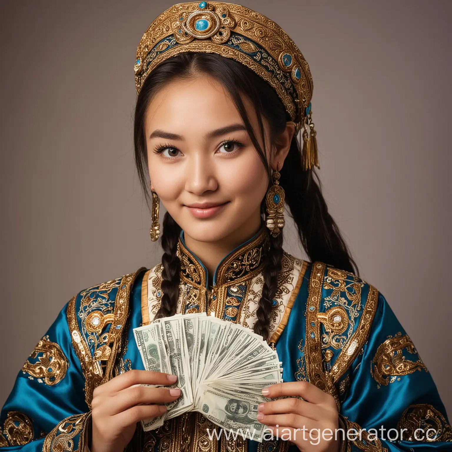 kazakh 20 year old girl with money and in traditional costume