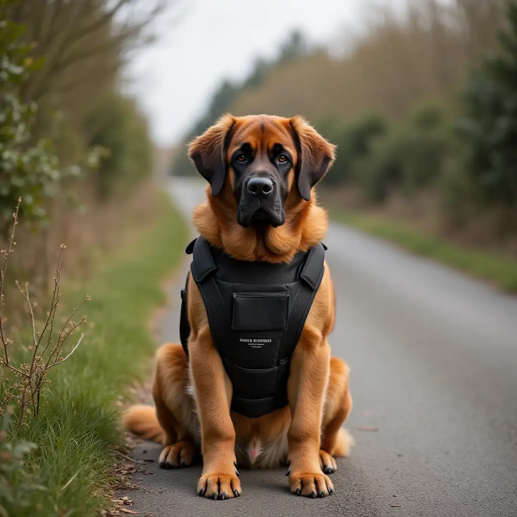 A red-haired St. Bernard in a bulletproof vest on a country road, sitting full-face around trees and bushes